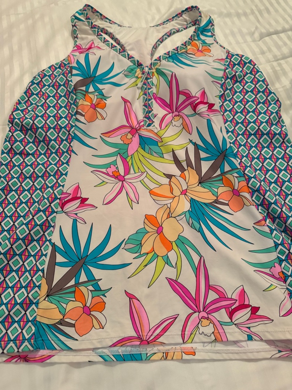 Beach House Turquoise and White Swim Top with Geometric Accent - Picture 7 of 14